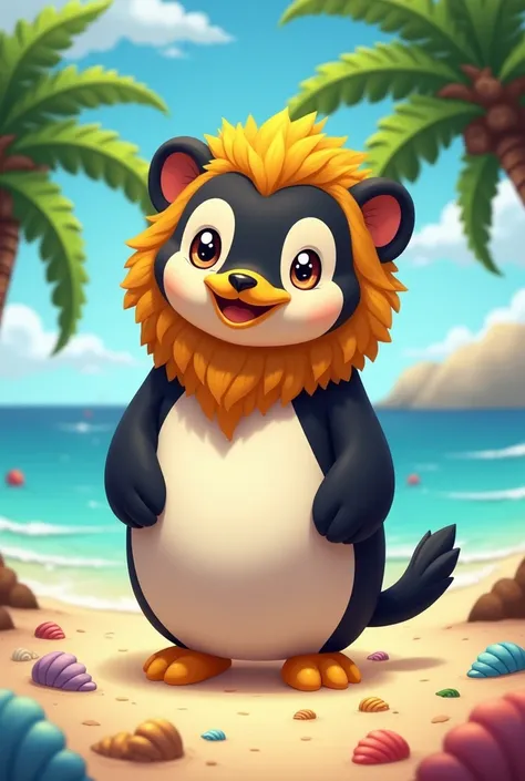 Create a charming and imaginative image of a Pinguileon, a creature that combines the majesty of a lion with the adorable appearance of a penguin. The Penguin should have the robust, rounded body of a penguin, covered in bright black and white feathers, bu...