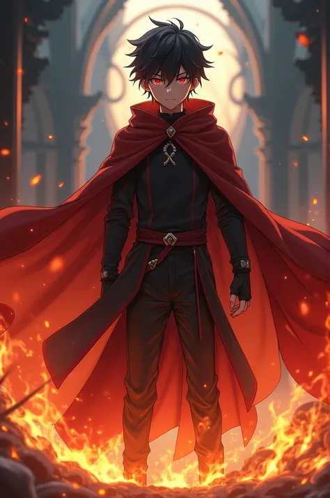 anime boy, with black hair,red eyes and a cape capable of manipulating flames