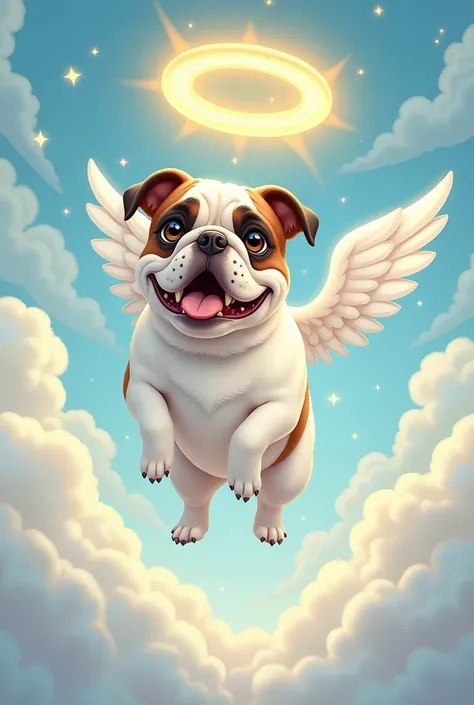 Animated illustration of a white English bull dog with dark brown markings, between clouds and an angel&#39;s halo