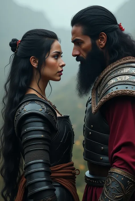 in ancient times. Photo realistic. A black-haired woman with black eyes next to a dark-skinned man with a beard. They both wore black and red armor.. 