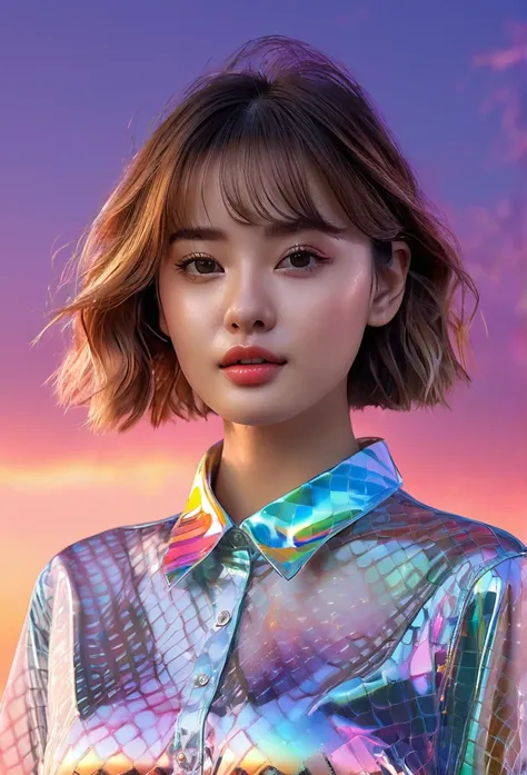 1 girl, Colorful theme, synthetic wave sky,(The best quality, high quality, High resolution), realistic, ultra detailed, highly detailed facial features, absurdresrealistic lighting and reflections, highly detailed facial features, transparent shirt, Best ...