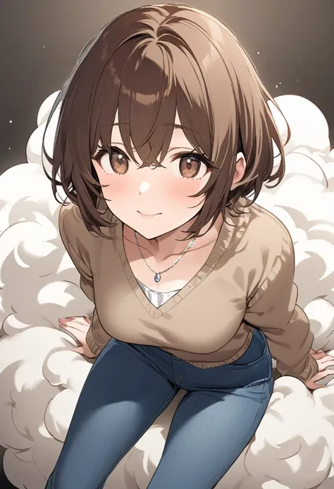 Married Woman((Brown Hair、Short Hair、Fluffy Hair、Brown eyes、Droopy eyes):1.2、Light brown cardigan、Dark brown sweater、Blue jeans pants、A simple and discreet necklace、Wedding Rings、)、No background、Character portrait