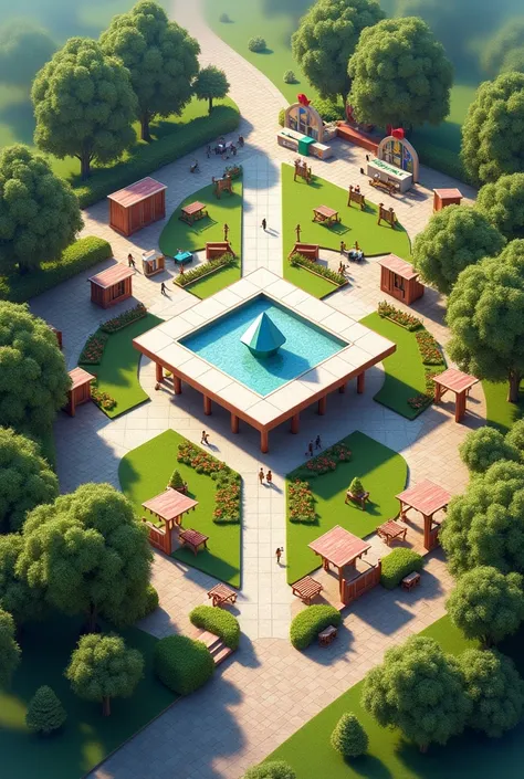 square multifunctional park, amphitheater, pet park, playground, picnic space, Rest area and sale of crafts, a box in the center with a diamond-shaped fountain
