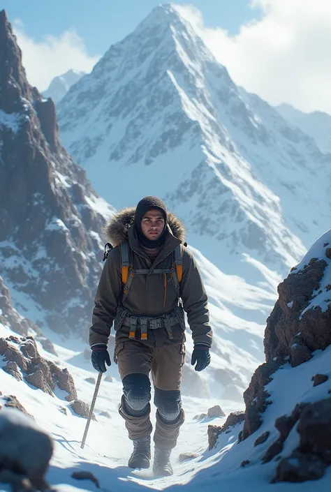 Realistic image Young man in cold mountains with backpack on back