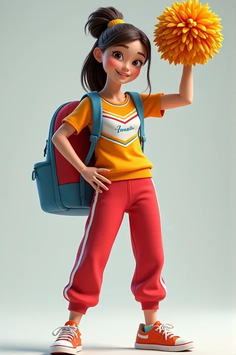 highschool student holing pompom on one hand and a backpack on the other. she wears a cheerleader top and a buggy pants