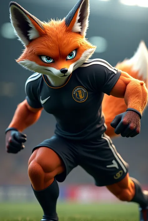 Big muscular fox with nervous face and lightning bolt eyes in black soccer outfit 