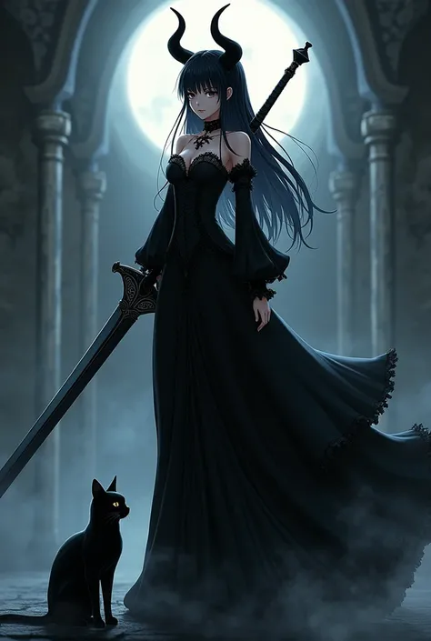 An anime woman with a black gothic dress , black horns on the head . A long sword and a black cat 