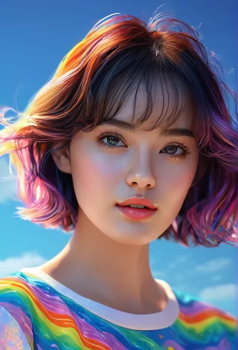 1 girl, Colorful theme, synthetic wave sky,(The best quality, high quality, High resolution), realistic, ultra detailed, highly detailed facial features, absurdresrealistic lighting and reflections, highly detailed facial features, transparent shirt, Best ...