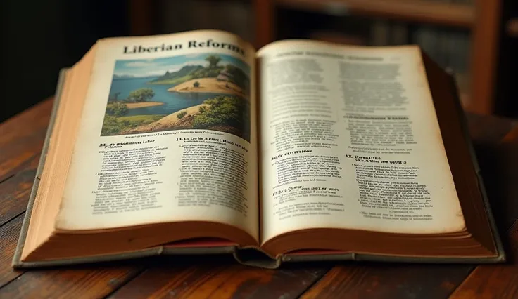 Imagine an open book titled &#39;Liberian Reforms&#39;: 1930. The book cover features iconic images of Liberia, like its flag and natural landscapes. On the inside pages, You can see clearly titled sections, as &#39;Agrarian Reform&#39;, &#39;Education and...