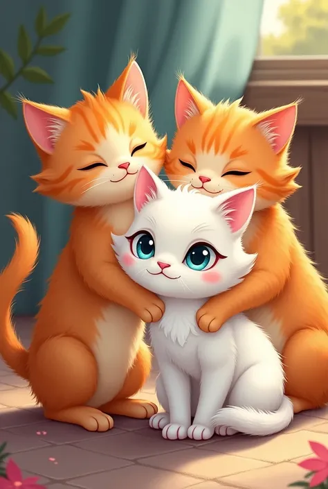 Create a drawing of three cat brothers, two orange and one white with heterochromia 