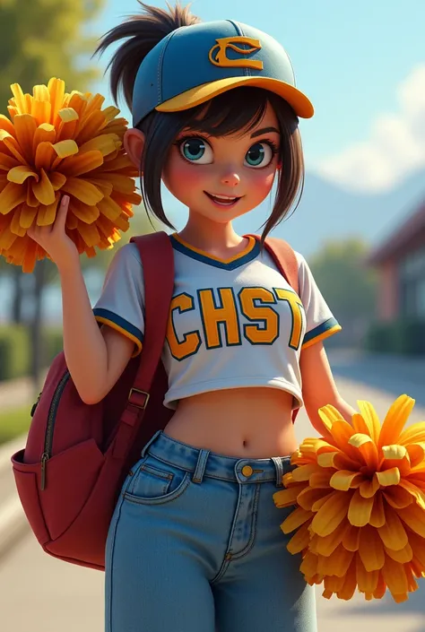 highschool student holing pompom on one hand and a backpack on the other. she wears a cheerleader top with letters CHST and a buggy denim pants and a baseball cap