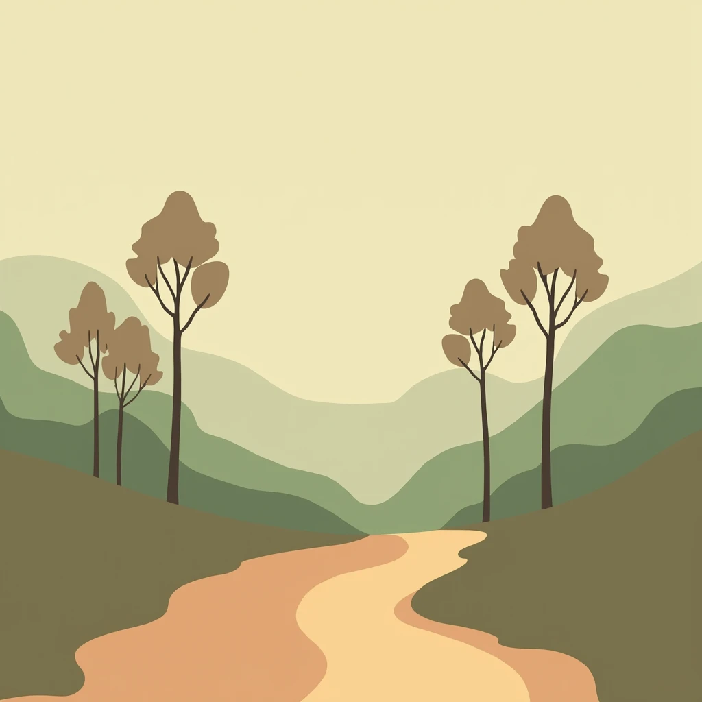 "Design a minimalistic image of a tranquil forest scene with just a path and a few stylized trees, utilizing earth tones and negative space."