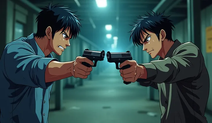 Two men pointing guns at each other, anime style, about to kill each other