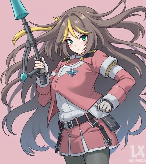 Create a young girl, light flesh-colored skin, brown hair with yellow streaks,  Her hair reaches below her shoulders, dark green eyes, must have pink military clothing, must be in a heroic pose with weapons in hand, with a serious expression. 