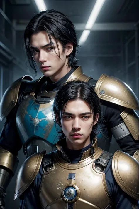 very handsome young man with cute face, blue-black hair down to the shoulders, golden and slanted eyes, futuristic battle suits, holding two swords