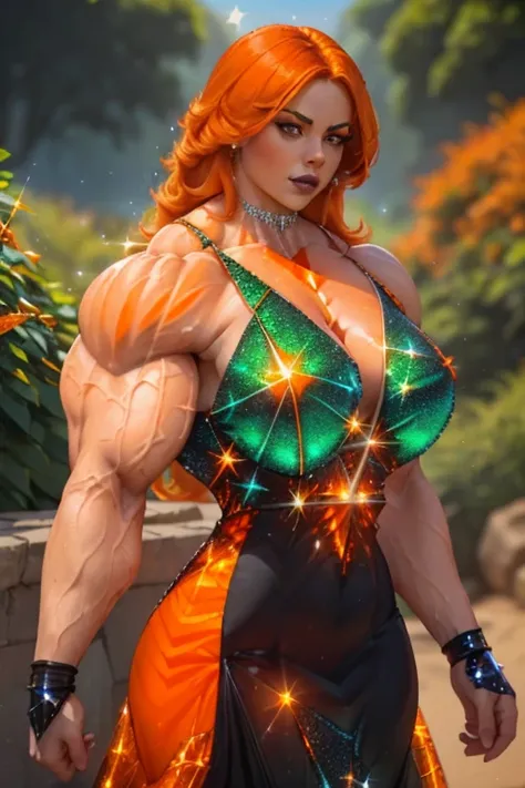 ((Close-up)), tall, ((orange hair)), beautiful muscular woman, long shaggy hair, pale white skinned, closed smile, (black lipstick), (massive muscles), (hyper muscle), ((ginormous bulky muscles)), green eyes, ((((long sparkly orange Crystalline Dress)))), ...