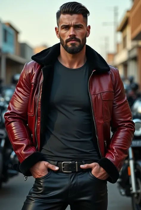 master piece, HD wallpaper, 4k hombre australiano handsome y musculoso )(hairy body) strong and muscular legs tight leather pants, Two-tone T-shirt with a spectacular fashion leather and velvet jacket, Fashion, modern surrealist print,, close up, perfect f...