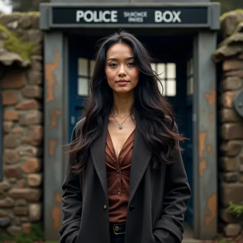 realistic casual photo of a (pretty girl, 21 years girl, brunette, black eyes) getting out from a Tardis like remembering the Dr Whos one and reaching an medieval world , (full lips) , ((perfect face)), [[mild smile]], proportionate body,mixed white-latina...