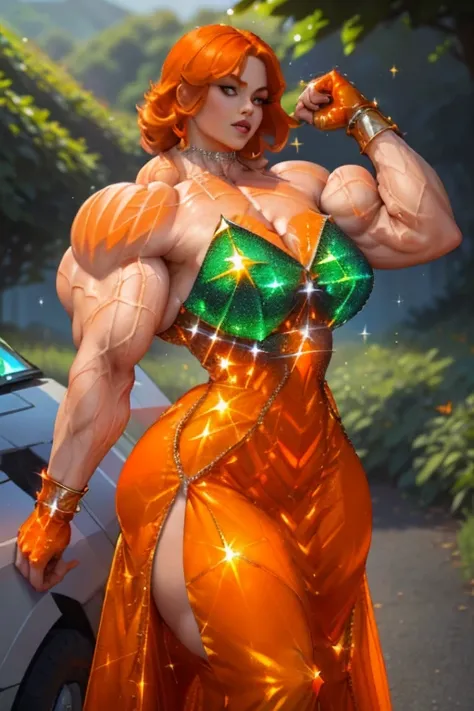 ((Close-up)), tall, ((orange hair)), beautiful muscular woman, long shaggy hair, pale white skinned, closed smile, (black lipstick), (massive muscles), (hyper muscle), (((ginormous bulky muscles))), green eyes, ((((long sparkly orange Crystalline Dress))))...