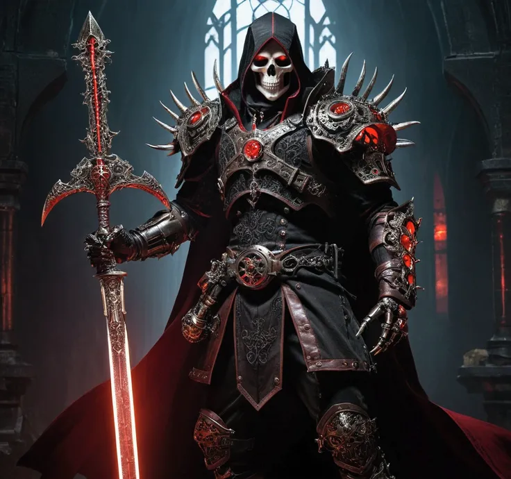 Gothic and steampunk characters, dressed in dark, intricate costumes, wielding a large weapon, and exhibiting a mixture of mechanical and organic features, creating a dark fantasy aesthetic. One figure stands, holding a large red glowing sword with a long ...