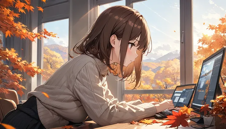 Best image quality,Girl working on a computer,Brown Hair,In front of a large window,Autumn leaves outside