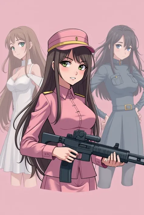 Create a young girl, light flesh-colored skin, brown hair with yellow streaks, dark green eyes, must have pink military clothing, must be in an erotic pose with a gun in hand, with a serious expression. Have Melissa from mlbb around you, a lilya de mlbb, a...