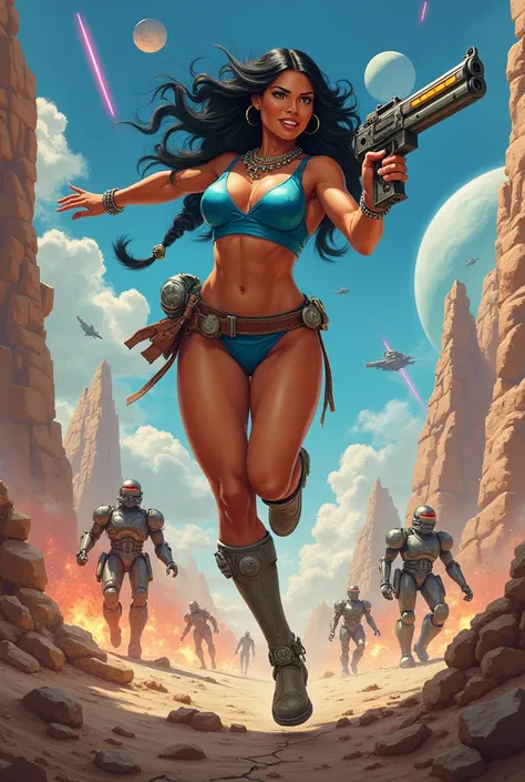 Illustrate Space Cree, a Native American space princess, in mid-leap over a short, crumbling wall on a chaotic retro space battlefield. She wields a sleek, glowing retro raygun in one hand, her muscular thighs and curvy figure in full display as she moves ...