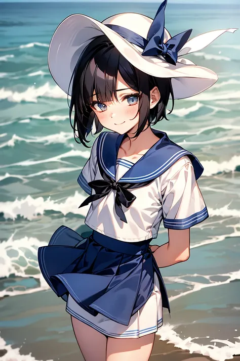 best quality, 1boy,androgynous male,flat chest,black hair,short bob cut,white and light blue sailor uniform,hat with ribbon,mini...