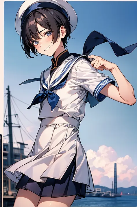 best quality, 1boy,androgynous male,flat chest,black hair,short bob cut,white and light blue sailor uniform,hat with ribbon,mini...