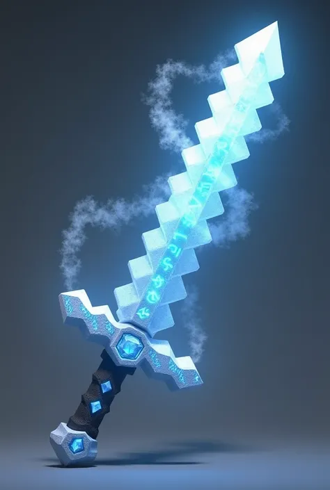 A 3D fantasy sword in Minecraft style, featuring a glowing crystal blade with icy effects. The hilt is made of silver, adorned with shimmering blue runes, and the blade emits a frosty aura. The overall design is blocky and pixelated, fitting perfectly with...