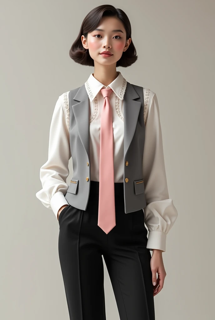 a croqui dressed up with withe blouse, pink tia, grey vest and black pants