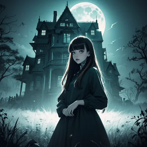 1girl, ((Caucasian)), white girl, older teen, small slender body, ((preppy clothes)), long brown hair, bangs, ((fringe with textured bangs)), full lips, full moon, haunting atmosphere, ((haunted house)), ((erotic)), white color scheme with teal and gold ac...