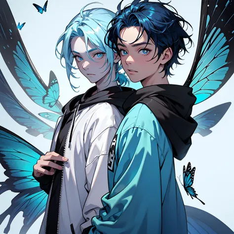 A fairy with the appearance of a adolescent , dark blue starry hair, Completely black eyes with bright blue pupils ring shaped, white butterfly wings, white skin, cyan blue and black Sweatshirt coat with a hood at the back. Fantasy Style.