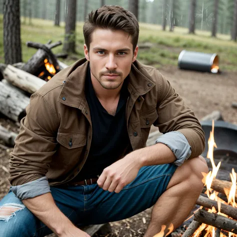 1man, A full shot of a charismatic male fitness model, 30 years old，small beard, Sexy and charming expression，gloomy eyes，Blue eyes, dressed in rustic clothing made of leather and thick fabrics. He is sitting next to a campfire in a wild, natural environme...