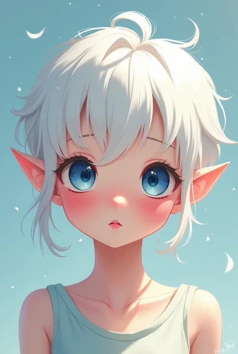 A beautiful but pretty and cute elf anime girl with white hair and skin with cute blue eyes with short height, a little blushed