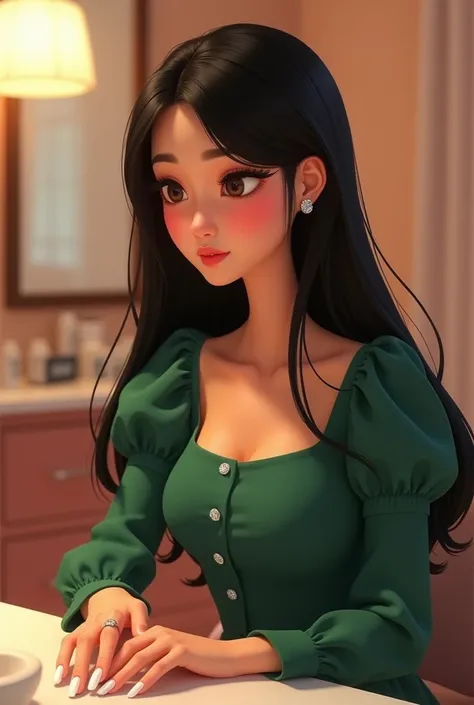 Girl in her 20’s, emerald green buttoned puff top very long straight black hair, having a French manicure. long nails with nude color and white tip nails at nail salon chair. Don’t show manicurist, with small silver diamond ring in her finger. Pixar