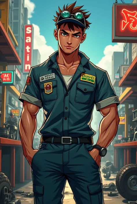 Create a mechanic/ Brazilian anime style engineer A middle ground between muscular and skinny