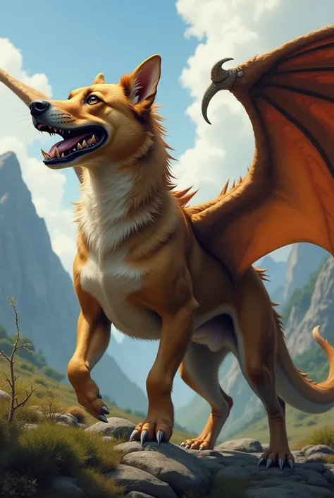 create a realistic image of a hybrid animal, being a dog and a dragon, he must have the body and wings of a dragon and the head of a dog 