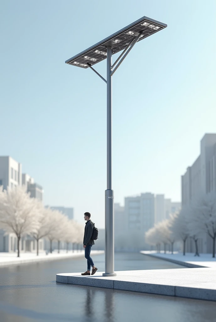 Modern Solar Powered Street Light Project with Seismic Detection Total Height: 6.75 meters (of which 3 meters will be above the surface).
Base diameter: 0.2 meters.
head: A modern, elongated bar located at the top of the pole containing seven lights in tot...