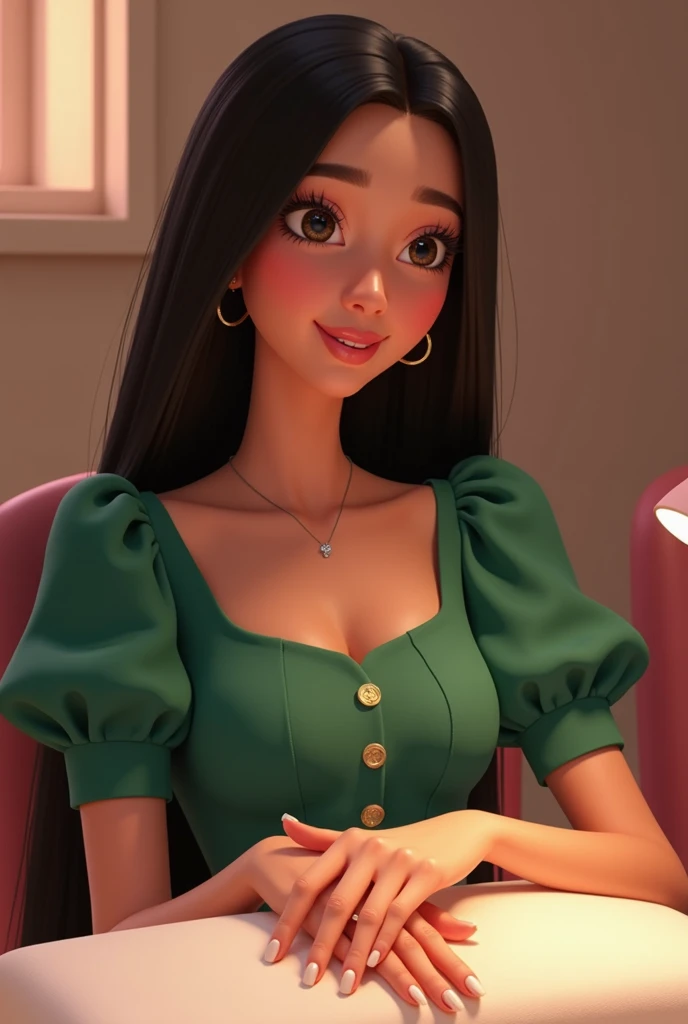 Girl in her 20’s, emerald green buttoned puff top very long straight black hair, having a French manicure. long nails with nude color and white tip nails at nail salon chair. Don’t show manicurist, with small silver diamond ring in her finger. Pixar