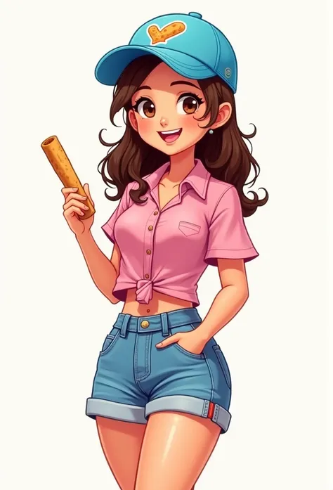  in pixer format. wearing a blue cap with a churros drawn on the cap. A pink blouse and denim shorts. Standing smiling and holding a churros.