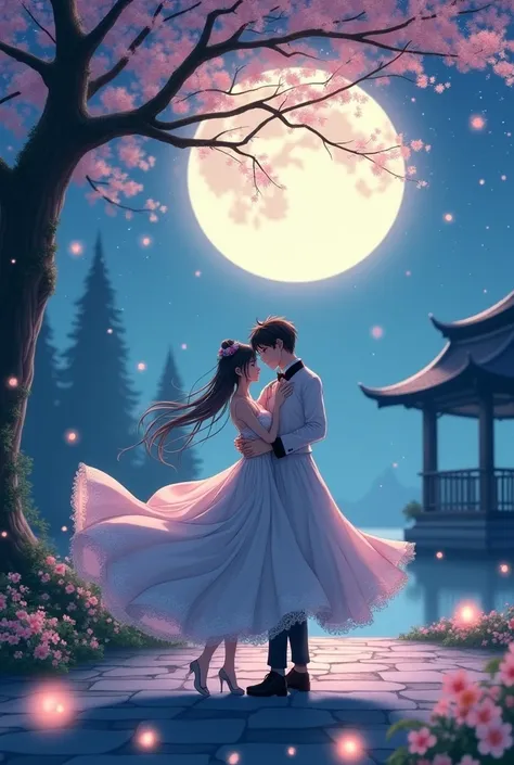 An anime couple dancing under the moonlight 