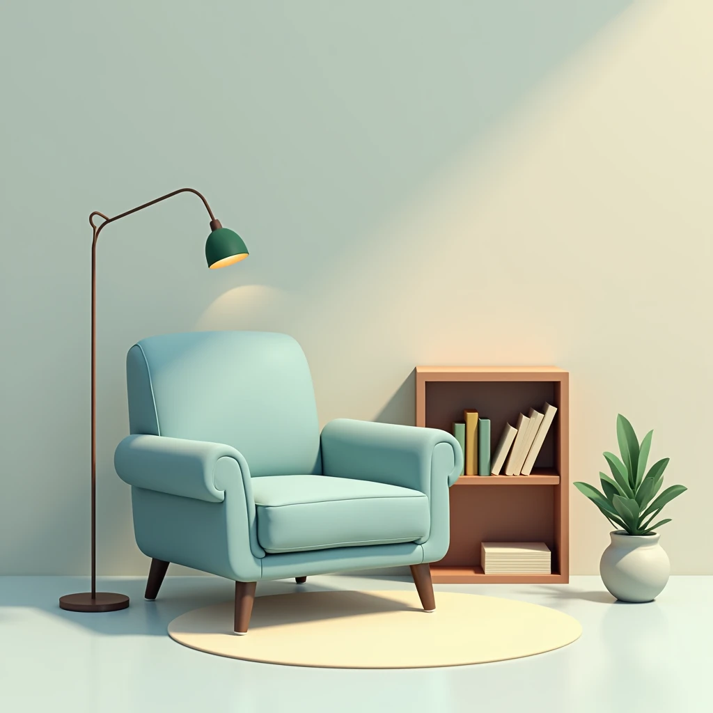 "Design a minimalistic reading nook with a comfortable chair, a floor lamp, and a small bookshelf, all using a cohesive, neutral color scheme." minimalistic art style, use colors soft blue, green and brown