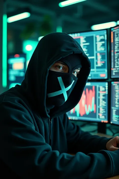 Create an image of a character named Anon-X captured in the midst of recording. He should be portrayed as an enigmatic and imposing figure, wearing a dark hoodie and a balaclava with a large, graffiti-style X on it. The setting should be his hacking enviro...