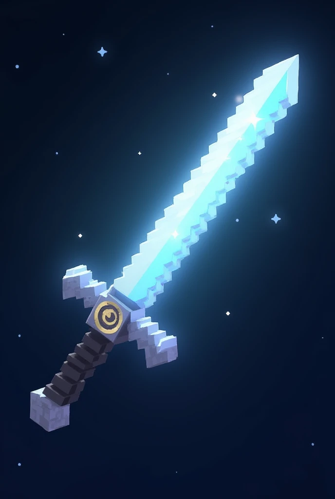 "A blocky sword in Minecraft style, with a blade that glows with a soft silver light like moonlight. The hilt is decorated with lunar symbols, and the blade emanates a cool, calming aura, with faint sparkles representing stars."