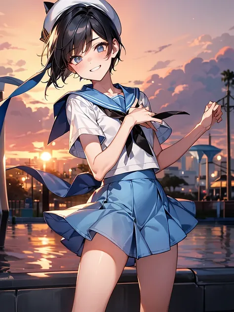 Best Quality, 1boy,Androgynous male,Flat Chest,Black Hair,Short Bob Cut,White and light blue sailor uniform,Hat with ribbon,Mini skirt dress,Short sleeve,Laugh shyly, wind,smile,blush, Character Portrait, Photographed at an amusement park at sunset