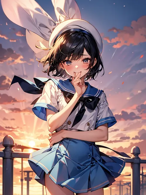 best quality, 1boy,androgynous male,flat chest,black hair,short bob cut,white and light blue sailor uniform,hat with ribbon,mini...