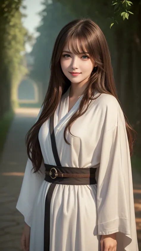 ((masterpiece)), ((best quality)), (ultra-detailed), ((kawaii)), cute, (lovely), ((extremely detailed)), 4K, (8K), best quality, (beautiful), (photorealistic), body shot, a pretty woman, castle, long flowing robes, wisdom, power, nature, magic, serene, aur...