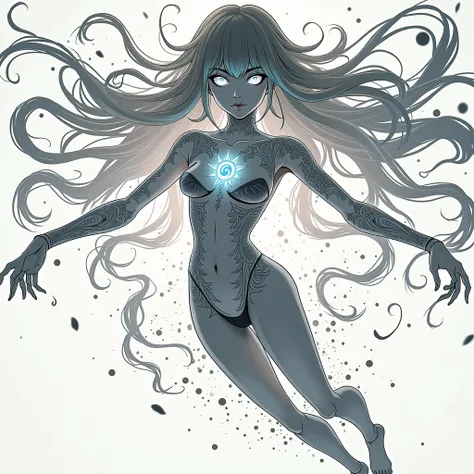 the slender, transparent, glowing gray silhouette of a woman made of magical energy with tattoos of rumas and sky blue sigils. In the current anime style, she flies towards the viewer. She has circular eyes that emit black light.. white background.