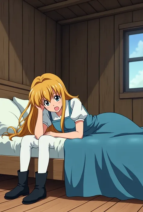 Goldilocks with her hair down, her blue dress with a white short-sleeved shirt underneath it and with her long white stockings and black boots (without any accessories on the head) lying on a medium-sized bed in a cabin room with an 80s anime-style face of...